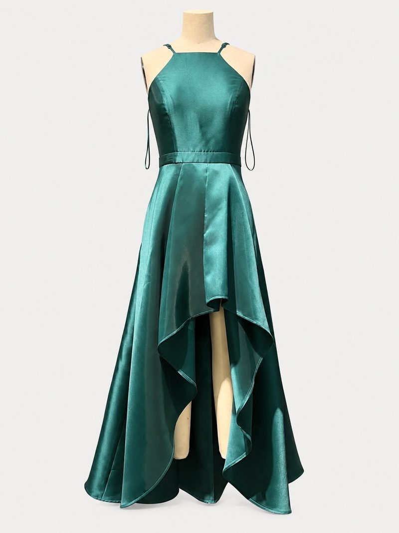 Emerald satin halter gown on a mannequin, front view